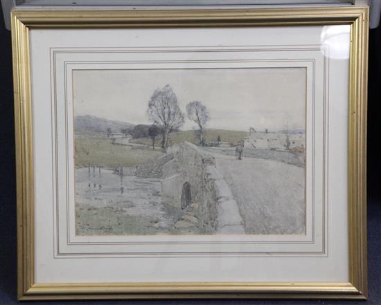 Samuel John Lamorna Birch (1869-1955) Figure crossing a stone bridge 10.5 x 14.5in.